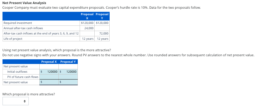 Net Present Value Analysis Cooper Company must evaluate two capital expenditure proposals.