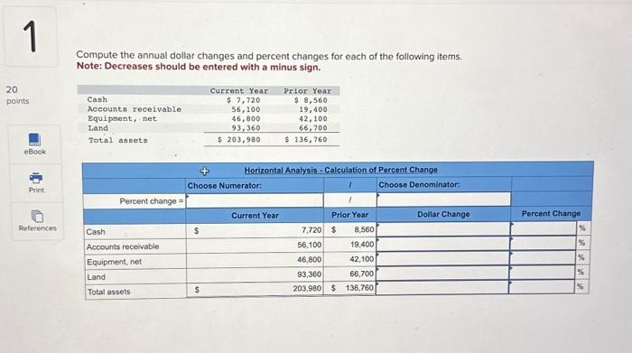 20 1 Compute the annual dollar changes and percent changes for each