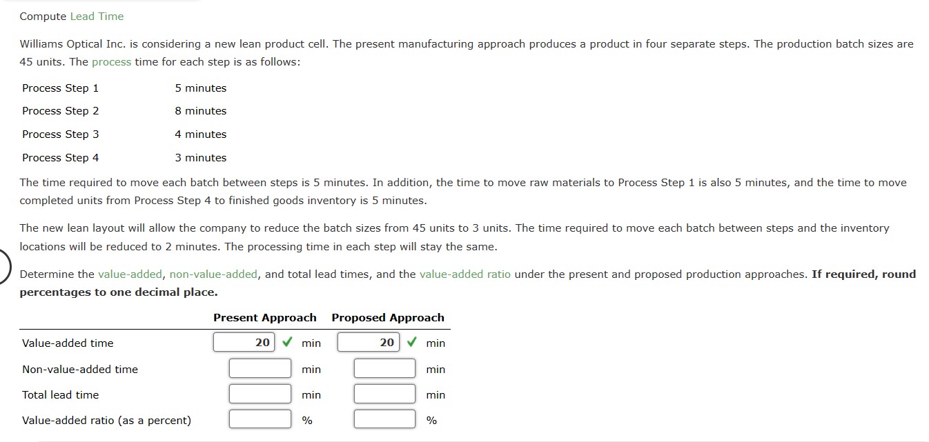 Compute Lead Time Williams Optical Inc. is considering a new lean product