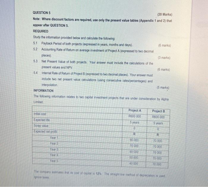 QUESTION 5 (20 Marks) Note: Where discount factors are required, use only