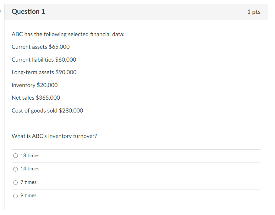 Question 1 ABC has the following selected financial data: Current assets $65,000