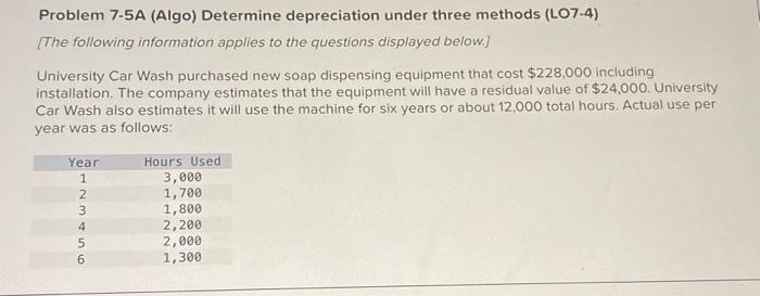 Problem 7-5A (Algo) Determine depreciation under three methods (LO7-4) [The following information