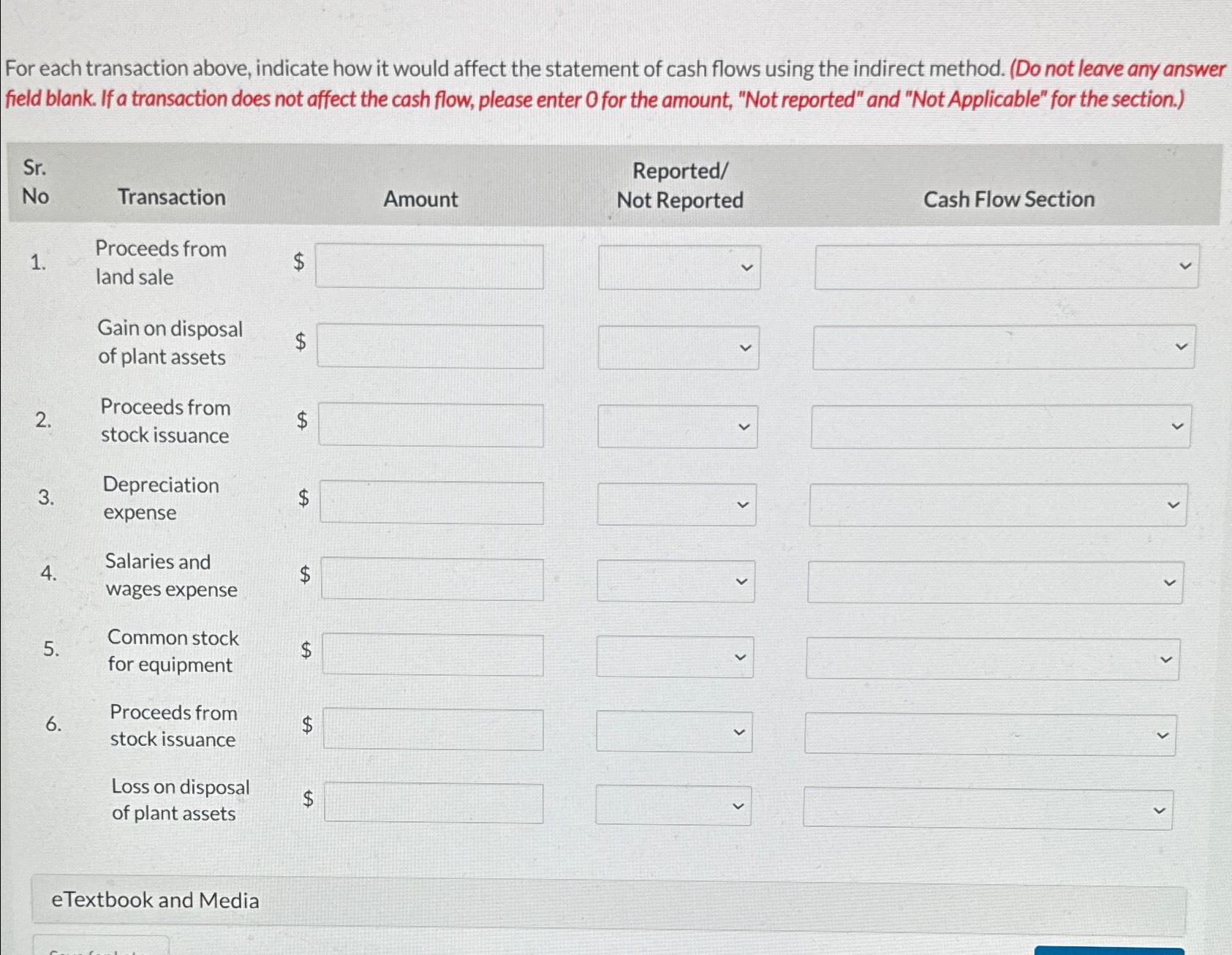 Cash Flow Section For each transaction above, indicate how it would affect