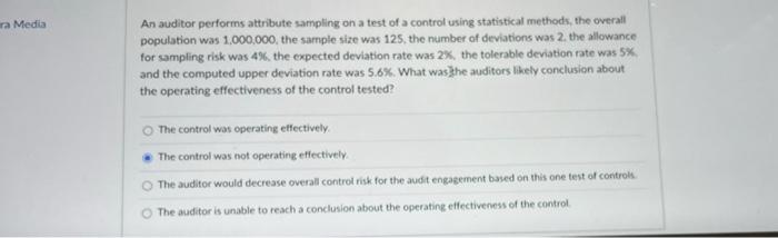 ra Media An auditor performs attribute sampling on a test of a