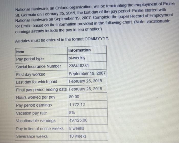 National Hardware, an Ontario organization, will be terminating the employment of Emilie