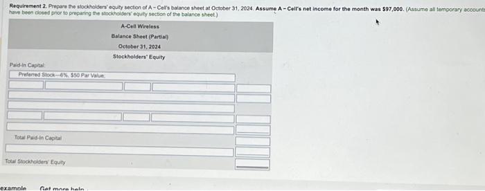 Requirement 2. Prepare the stockholders' equity section of A-Cell's balance sheet at