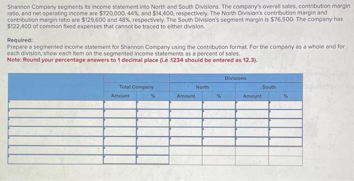 Shannon Company segments its income statement into North and South Divisions. The