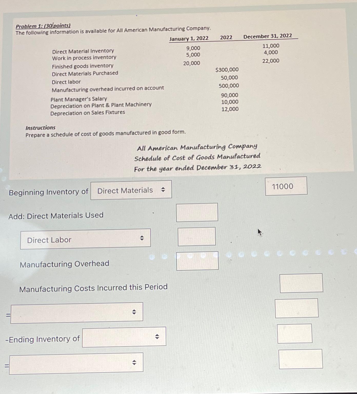 Problem 1: (30 points) The following information is available for All American