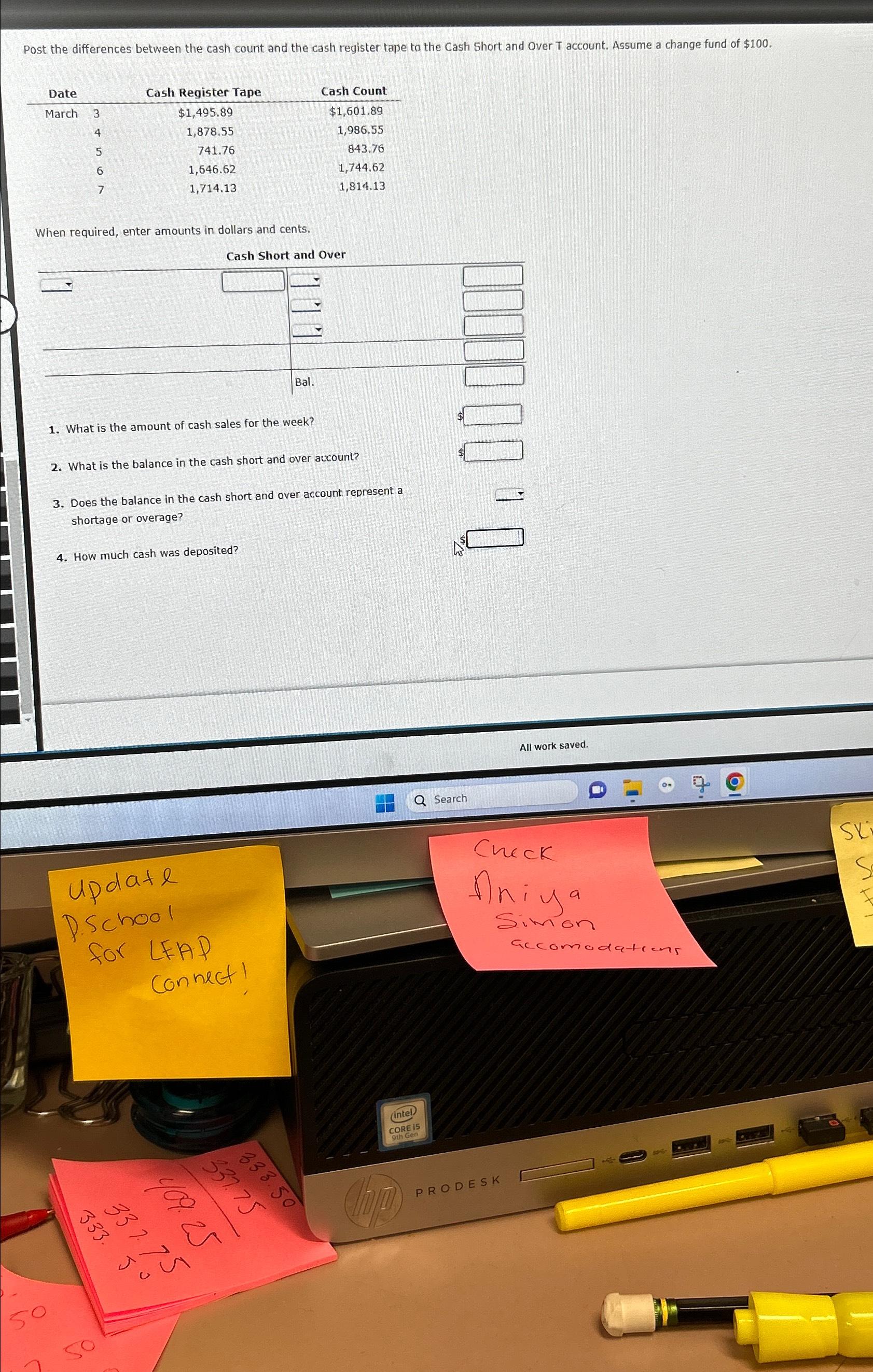 Post the differences between the cash count and the cash register tape