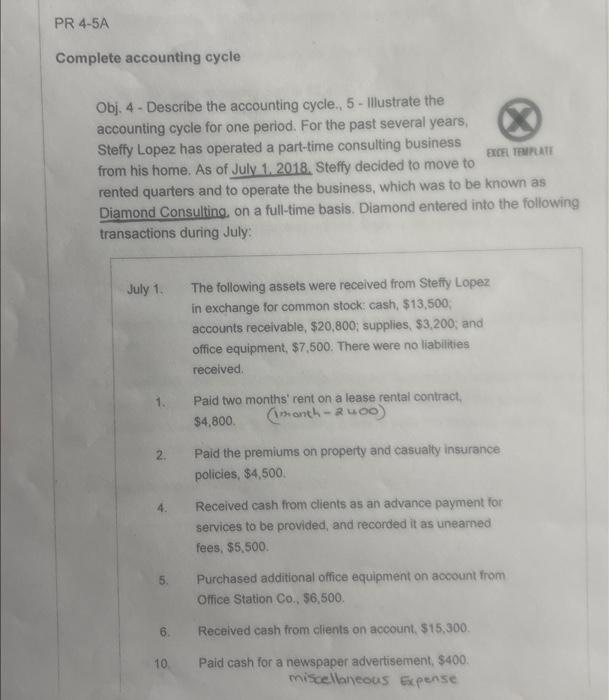 PR 4-5A Complete accounting cycle Obj. 4- Describe the accounting cycle., 5-