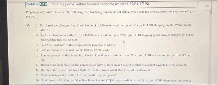 Problem 4-1B Preparing journal entries for merchandising activities P1 P2 Prepare journal
