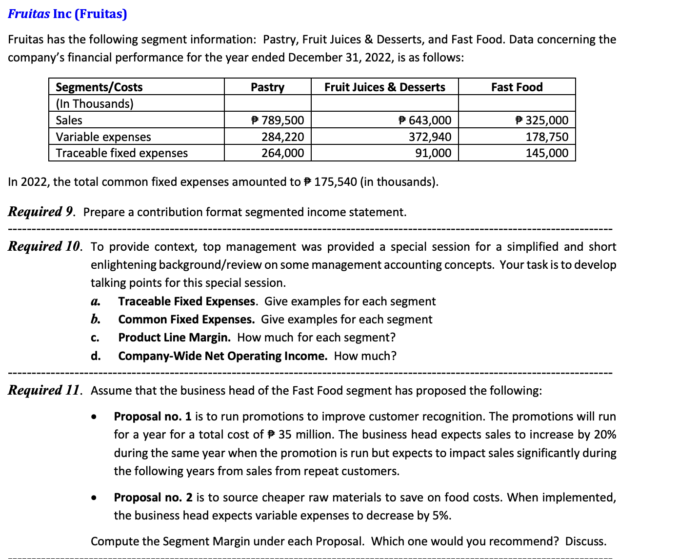 Fruitas Inc (Fruitas) Fruitas has the following segment information: Pastry, Fruit Juices
