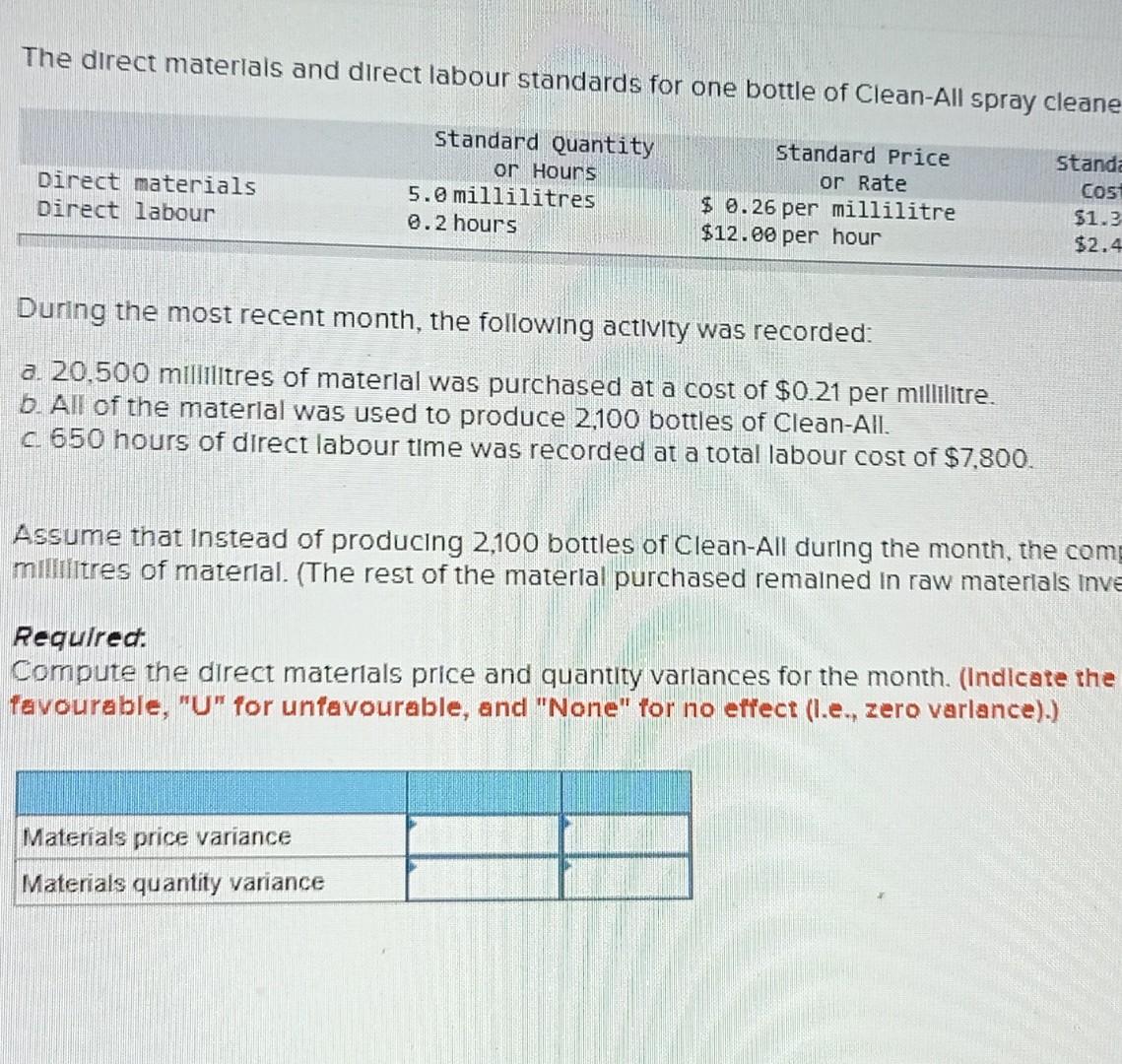 The direct materials and direct labour standards for one bottle of Clean-All