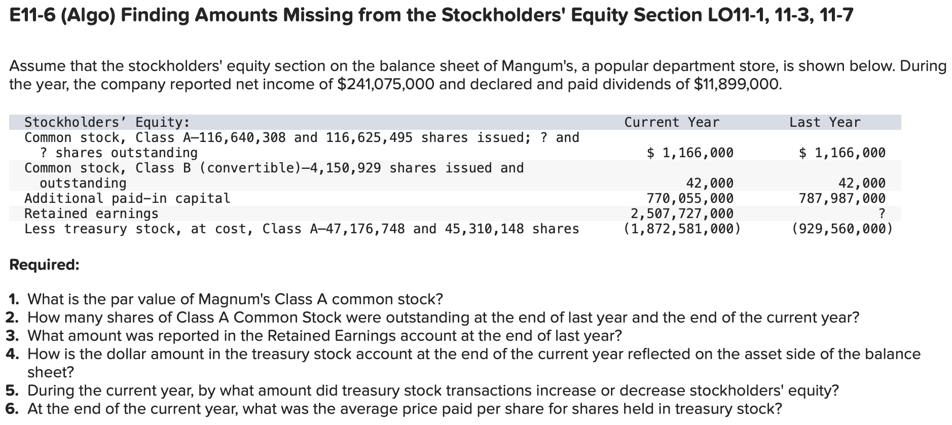 E11-6 (Algo) Finding Amounts Missing from the Stockholders' Equity Section LO11-1, 11-3,