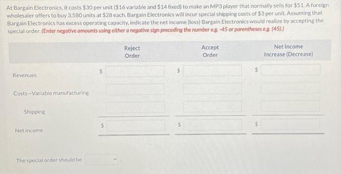 At Bargain Electronics, it costs $30 per unit ($16 variable and $14