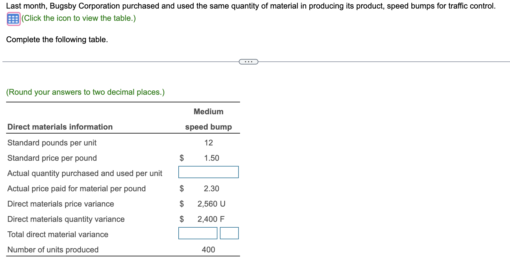 pounds per unit. . 12 ? Standard price per pound. $ 1.50