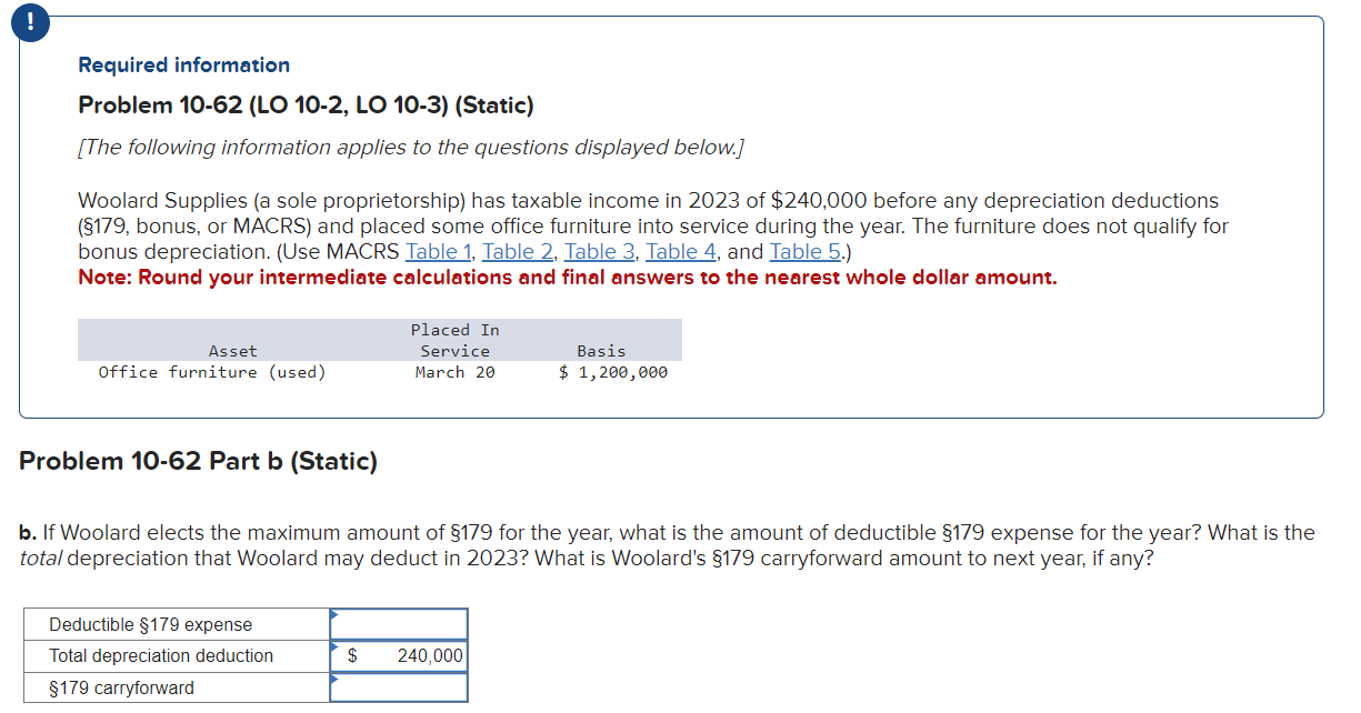 ! Required information Problem 10-62 (LO 10-2, LO 10-3) (Static) [The following