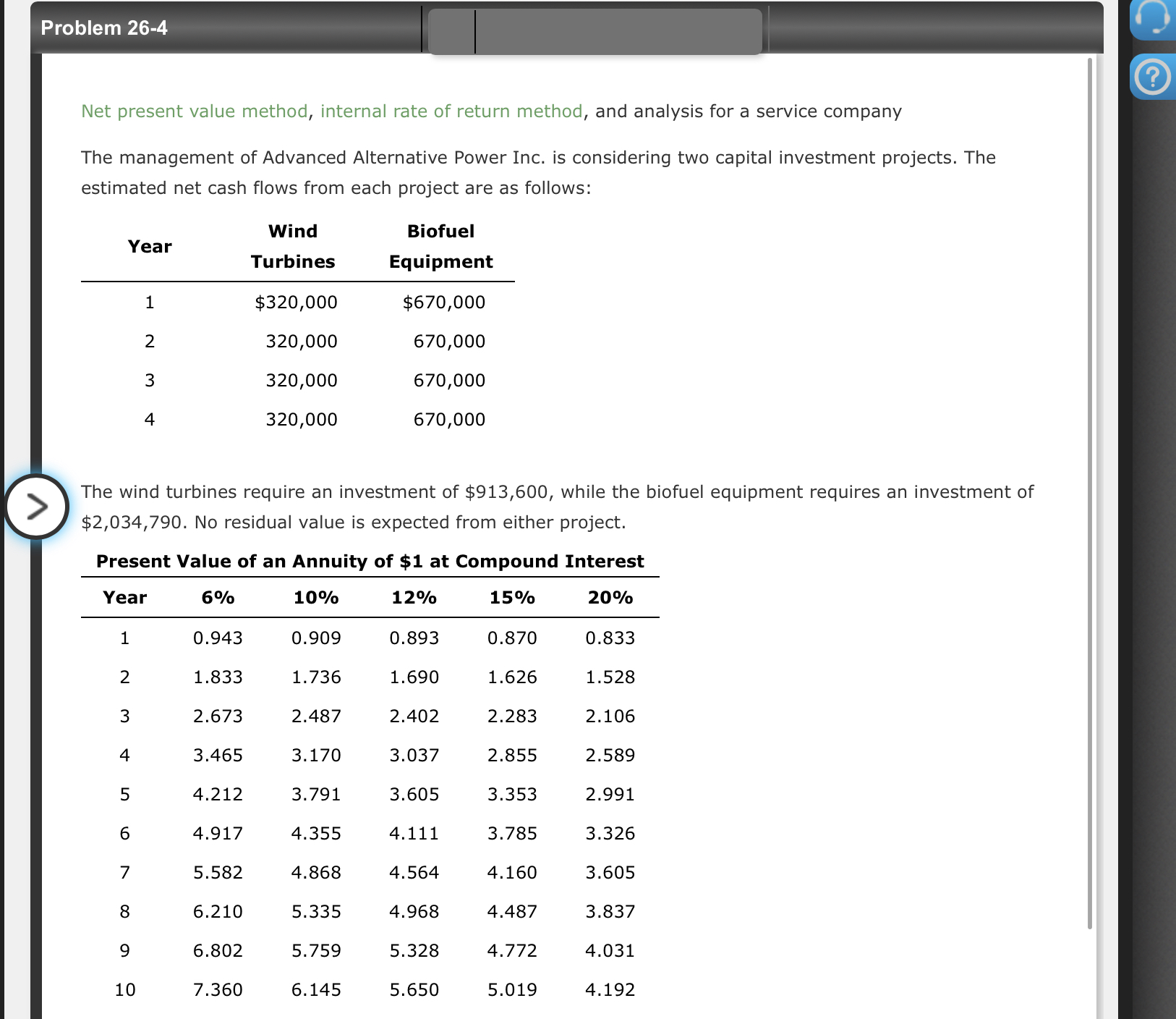 Problem 26-4 Net present value method, internal rate of return method, and