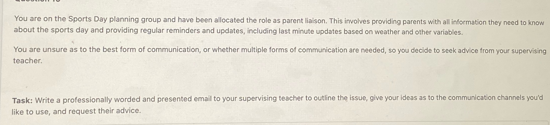 You are on the Sports Day planning group and have been allocated