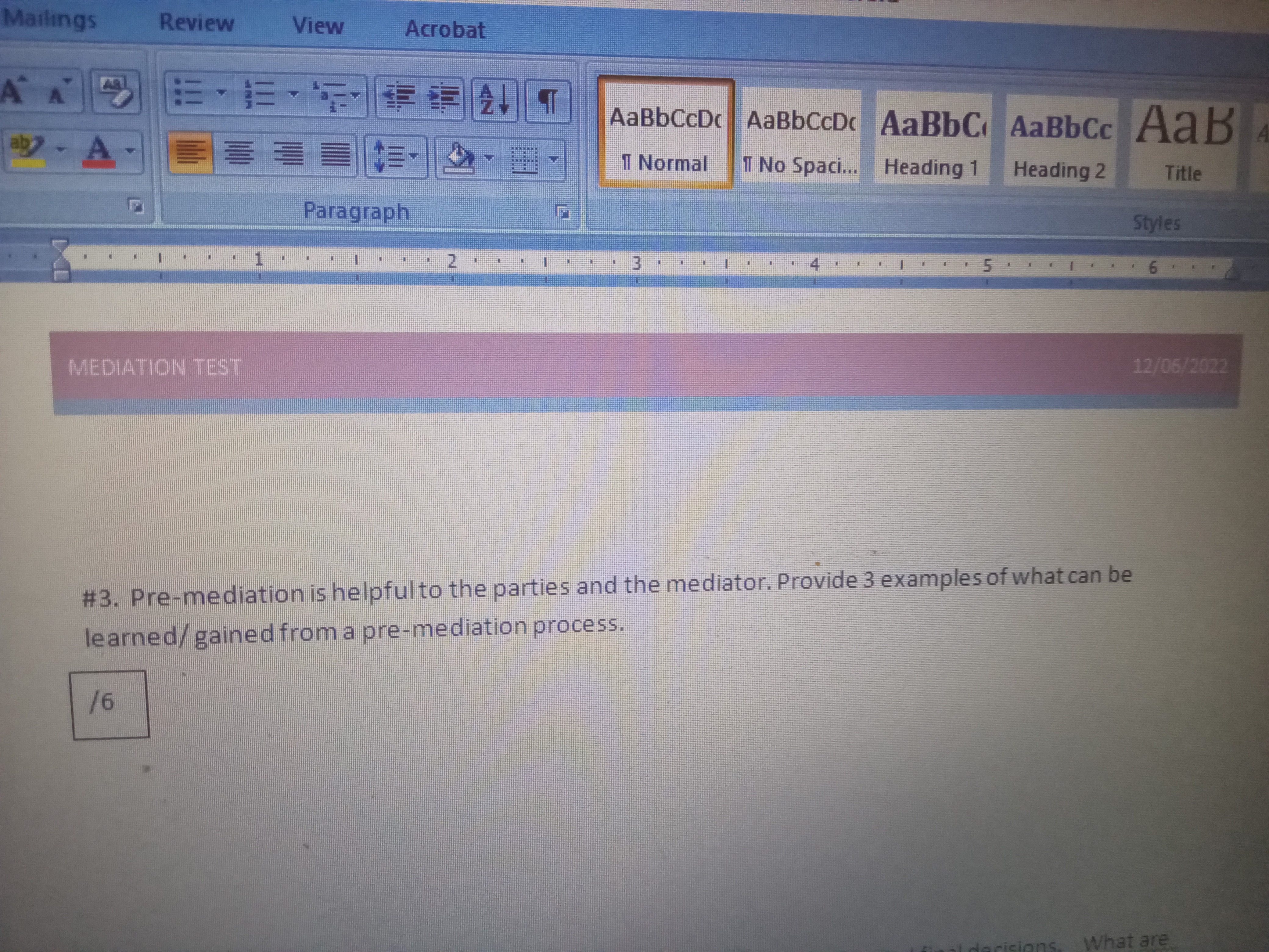 Mailings Review View Acrobat AA ab - A Paragraph 2 MEDIATION TEST