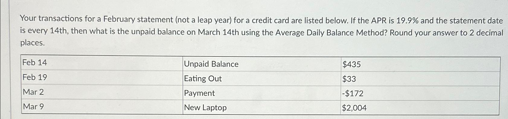 Your transactions for a February statement (not a leap year) for a