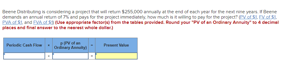 Beene Distributing is considering a project that will return $255,000 annually at