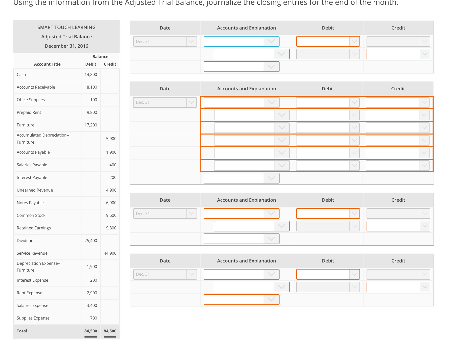 Using the information from the Adjusted Trial Balance, journalize the closing entries