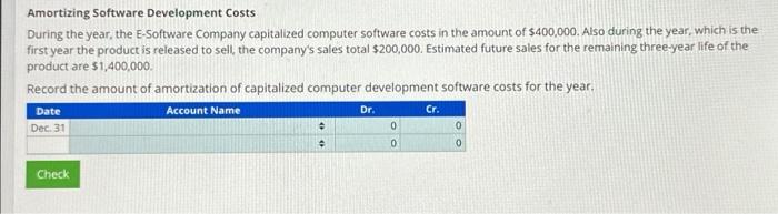 Amortizing Software Development Costs During the year, the E-Software Company capitalized computer