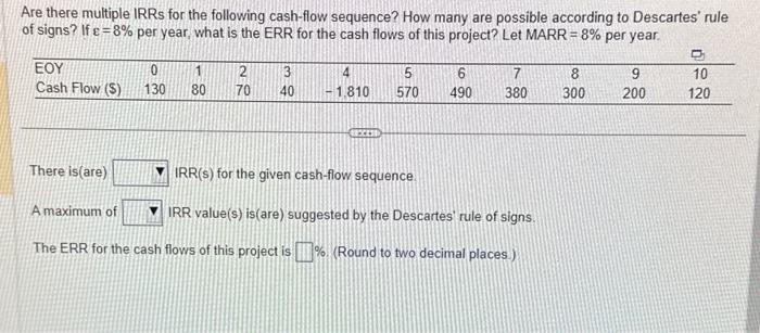 Are there multiple IRRS for the following cash-flow sequence? How many are