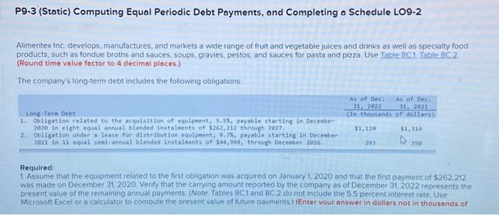 P9-3 (Static) Computing Equal Periodic Debt Payments, and Completing a Schedule LO9-2