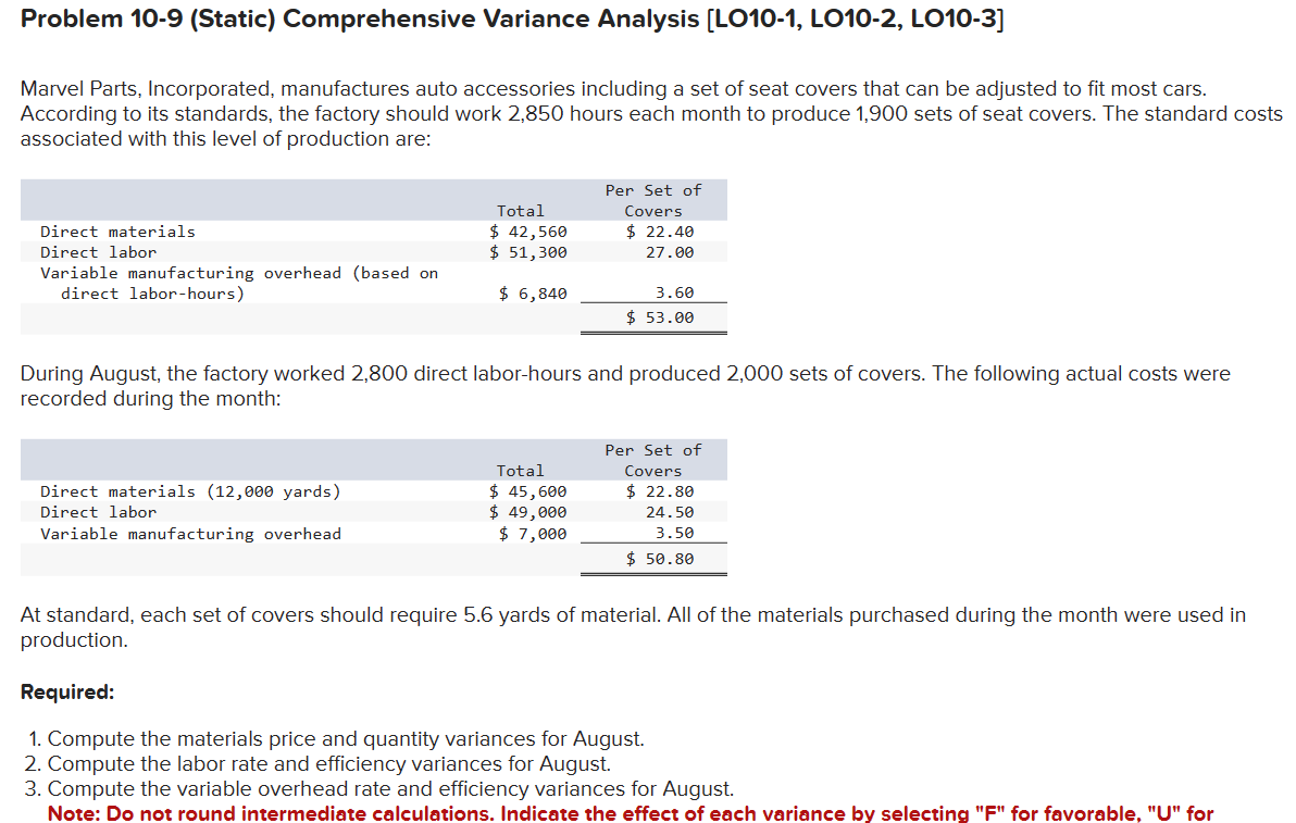 Problem 10-9 (Static) Comprehensive Variance Analysis [LO10-1, LO10-2, LO10-3] Marvel Parts, Incorporated,