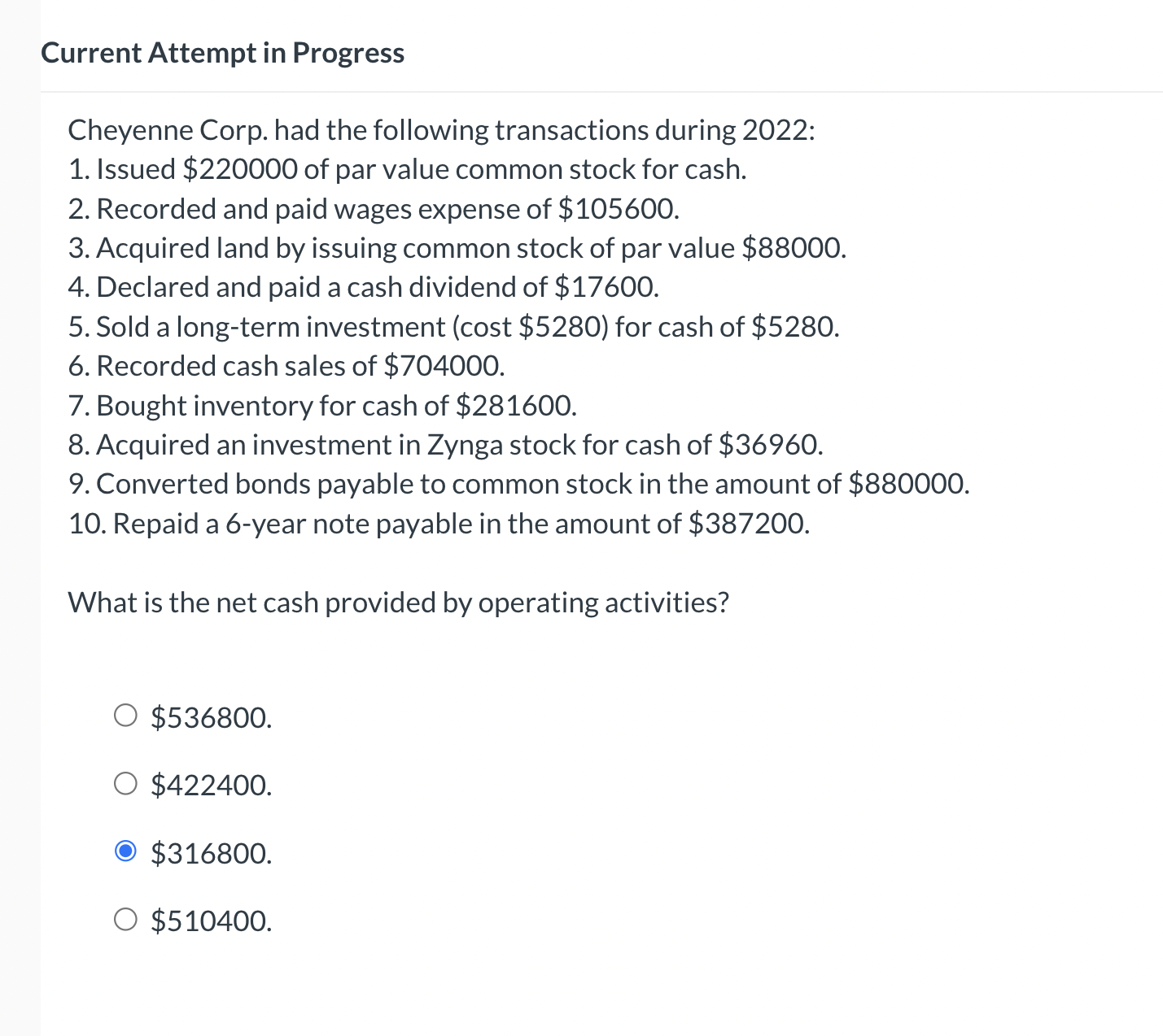 Current Attempt in Progress Cheyenne Corp. had the following transactions during 2022: