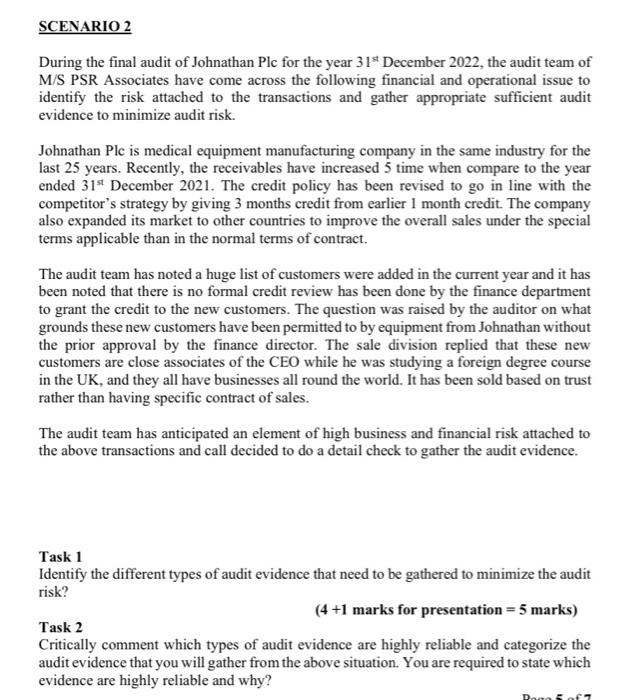 SCENARIO 2 During the final audit of Johnathan Plc for the year