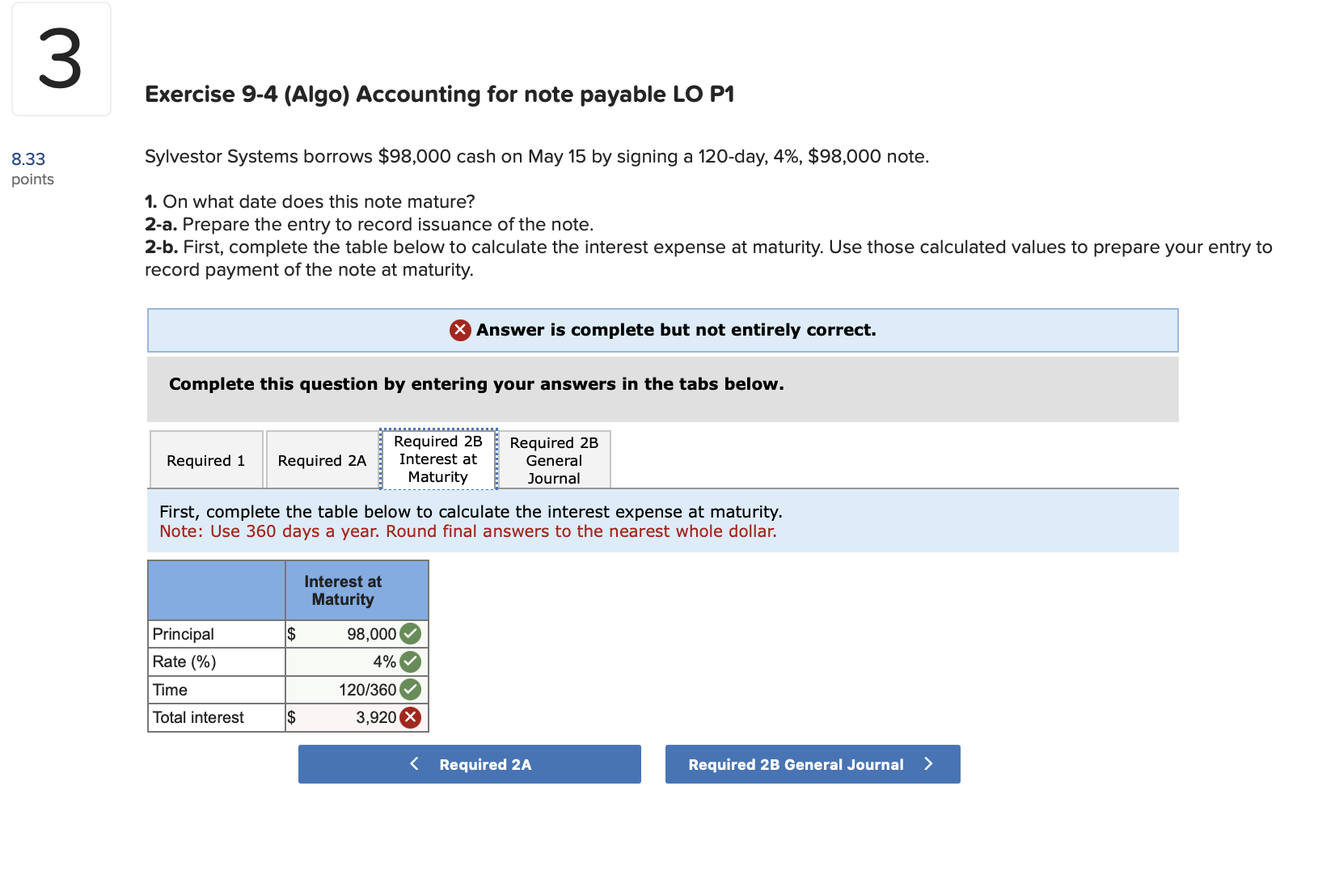 3 Exercise 9-4 (Algo) Accounting for note payable LO P1 8.33 points