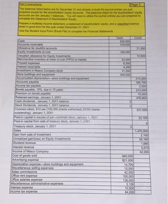 Part 2 Instructions: Page 2 The balances listed below are for December