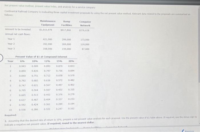 Net present value method, present value index, and analysis for a service