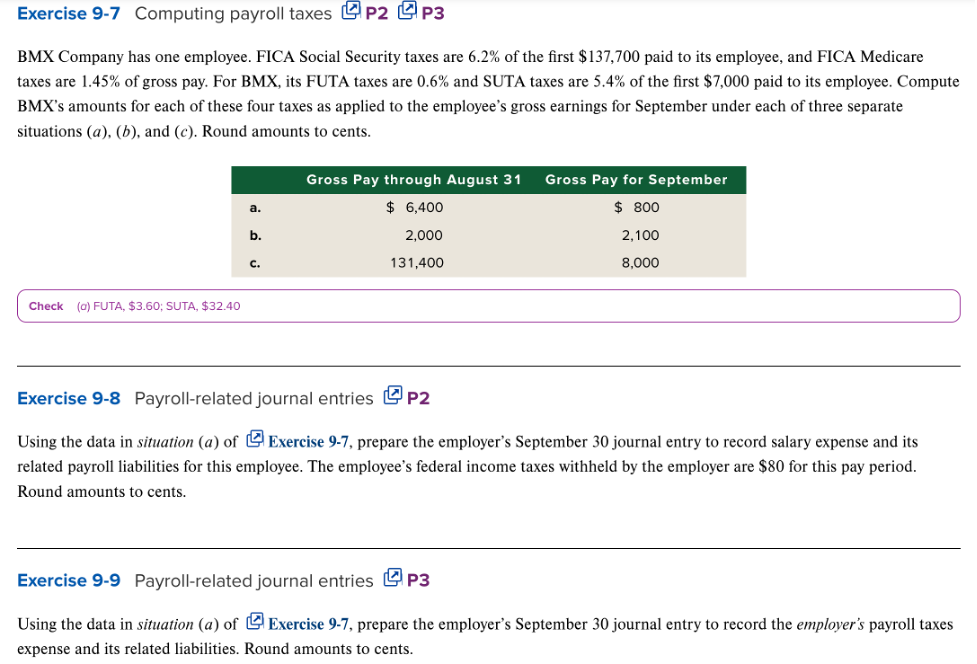 Exercise 9-7 Computing payroll taxes P2 P3 BMX Company has one employee.