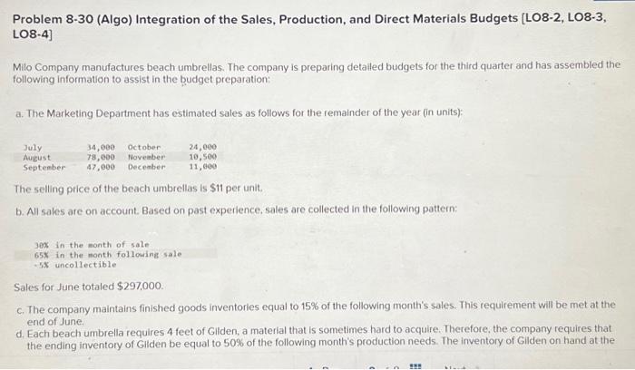 Problem 8-30 (Algo) Integration of the Sales, Production, and Direct Materials Budgets