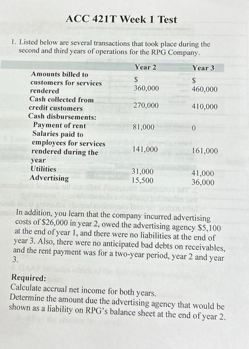 ACC 421T Week 1 Test 1. Listed below are several transactions that