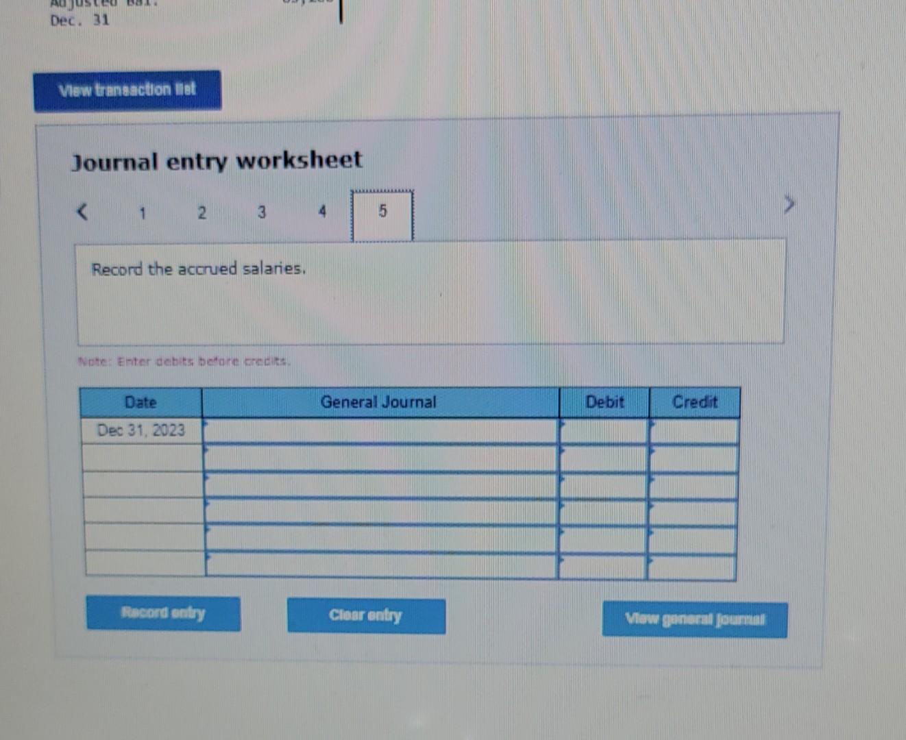 Bal. Dec. 31 Adjusted Bal. Dec. 31 View transaction list Salaries Expense
