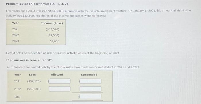 Problem 11-52 (Algorithmic) (LO. 2, 3, 7) Five years ago Gerald invested