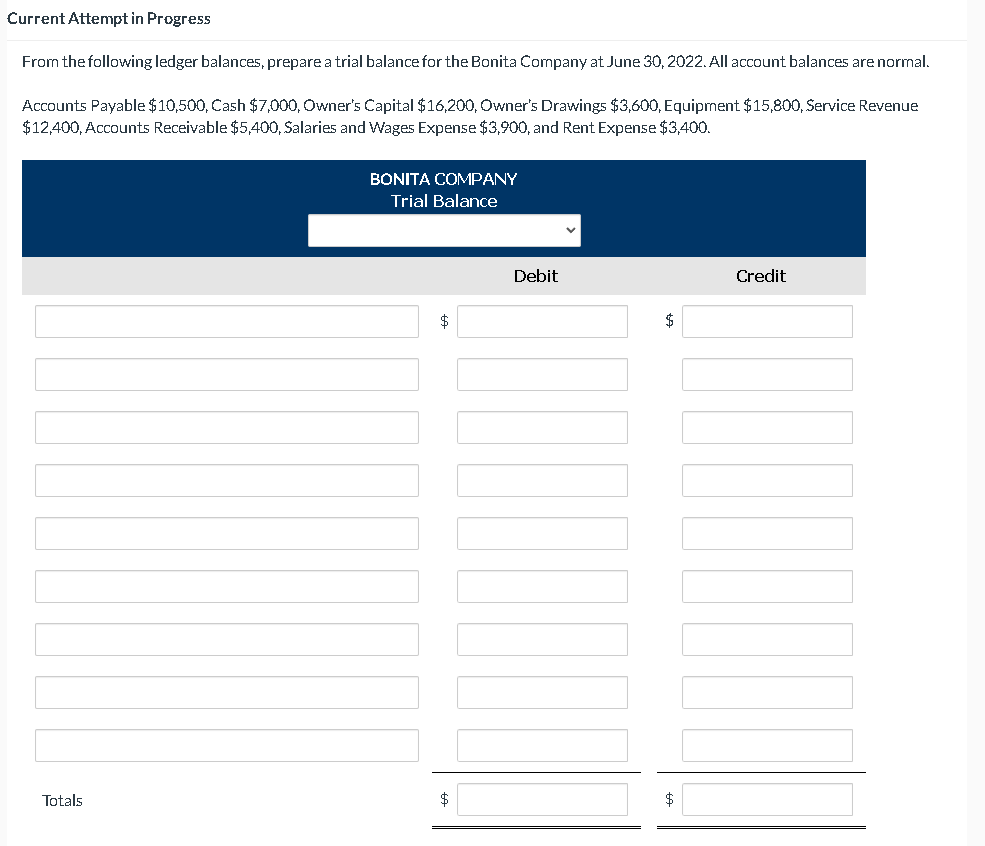 Current Attempt in Progress From the following ledger balances, prepare a trial