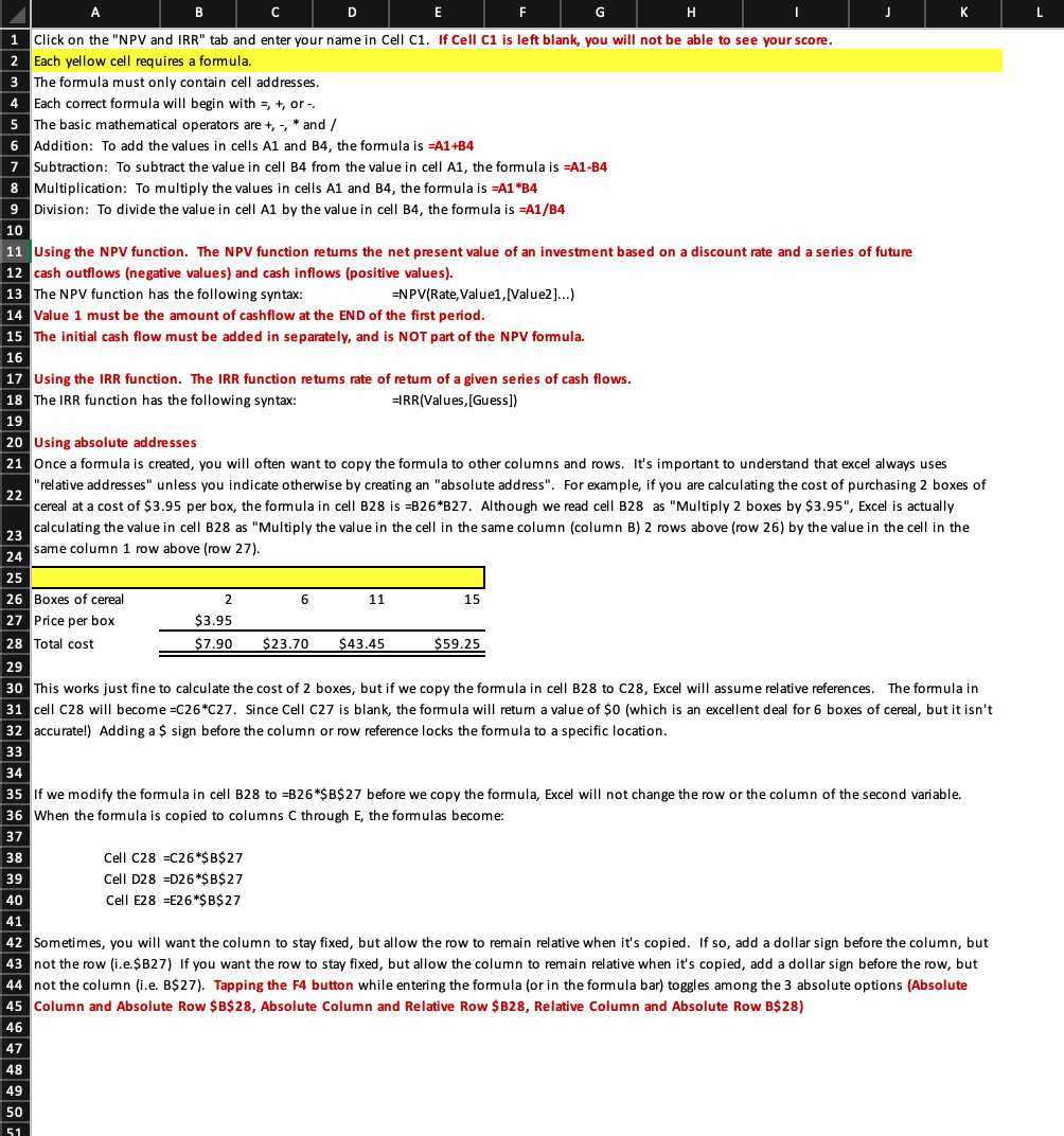 A B D E F G H 1 Click on the "NPV