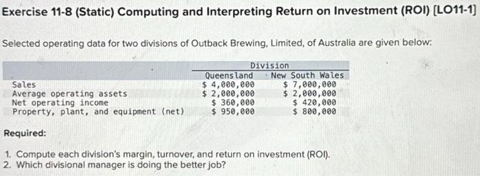 Exercise 11-8 (Static) Computing and Interpreting Return on Investment (ROI) [LO11-1] Selected