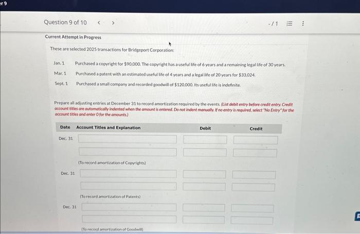 er 9 Question 9 of 10 < > -/1 E Current Attempt