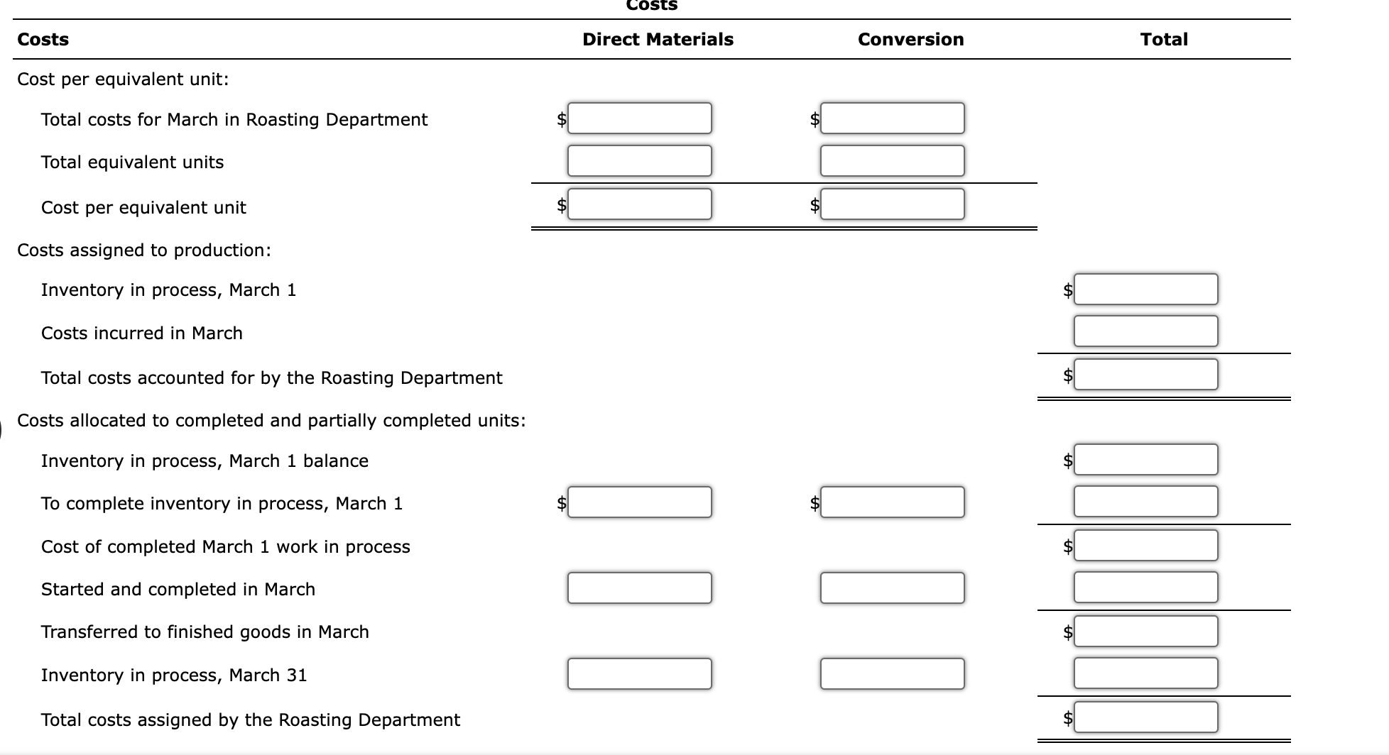 of direct materials, determine the increase or decrease in the cost per