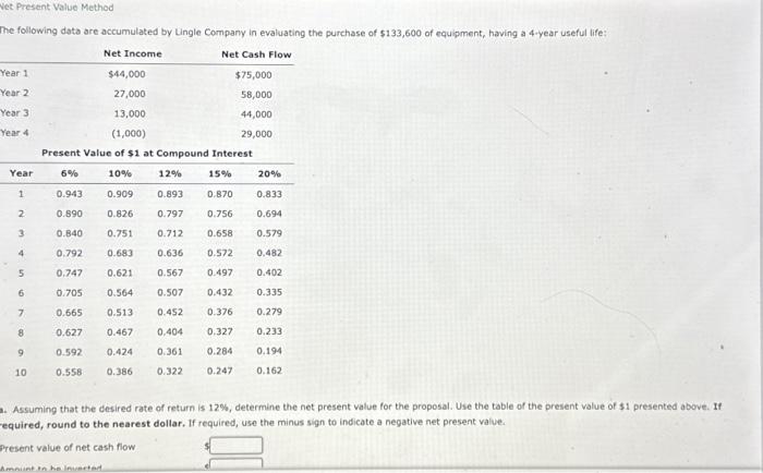 Net Present Value Method The following data are accumulated by Lingle Company
