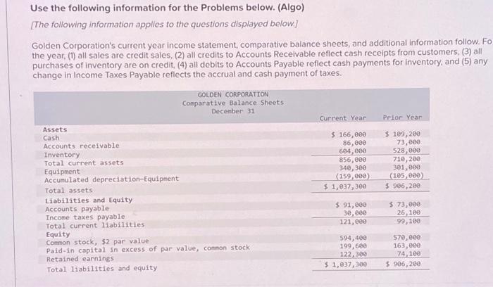 Use the following information for the Problems below. (Algo) [The following information