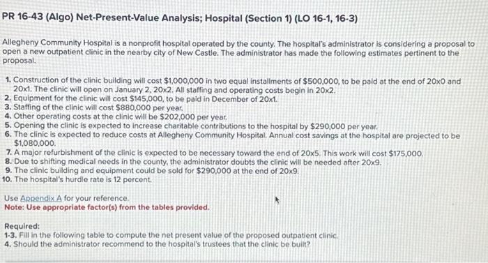 PR 16-43 (Algo) Net-Present-Value Analysis; Hospital (Section 1) (LO 16-1, 16-3) Allegheny