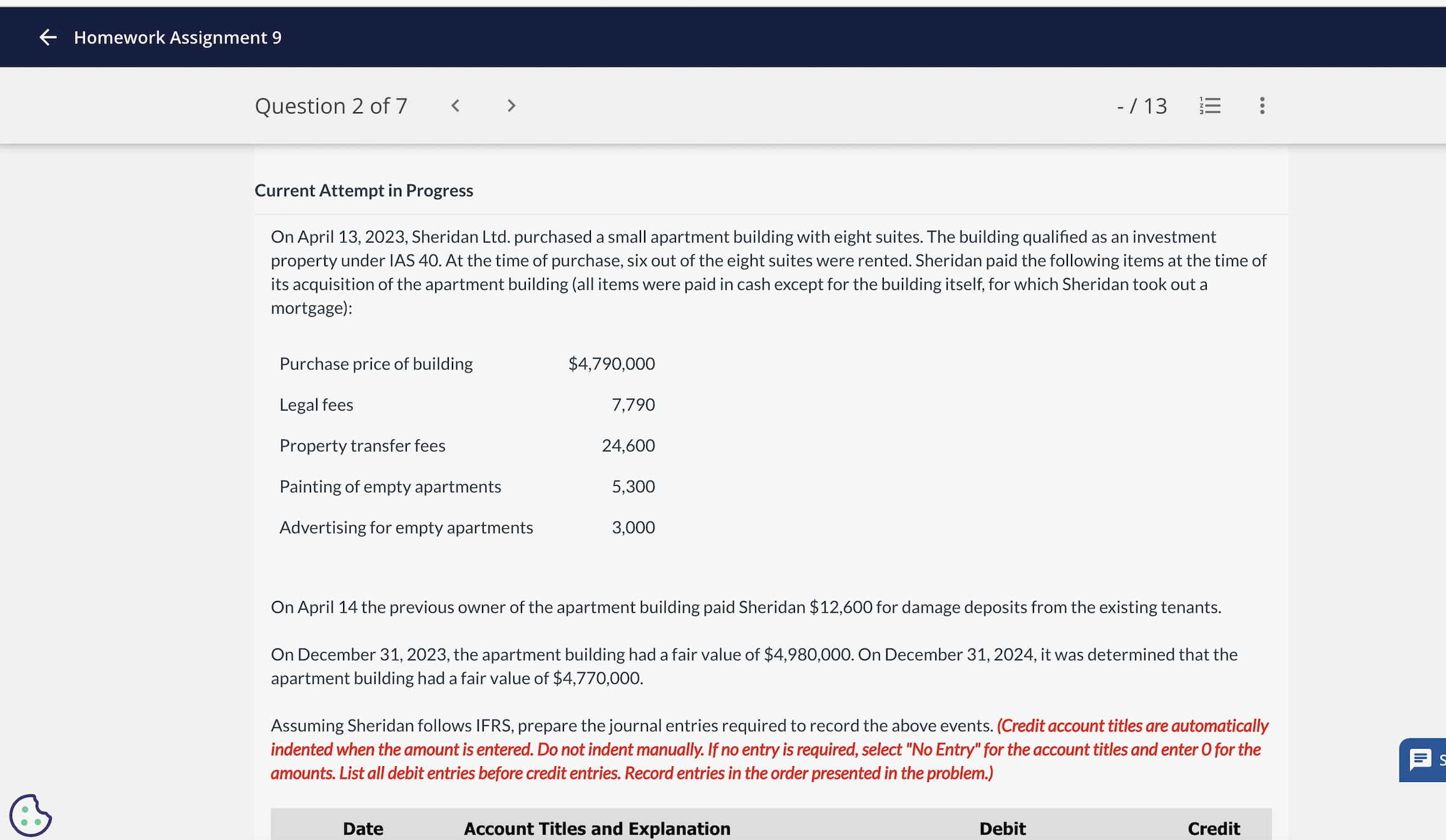 Homework Assignment 9 Question 2 of 7 < > -/13 Current Attempt